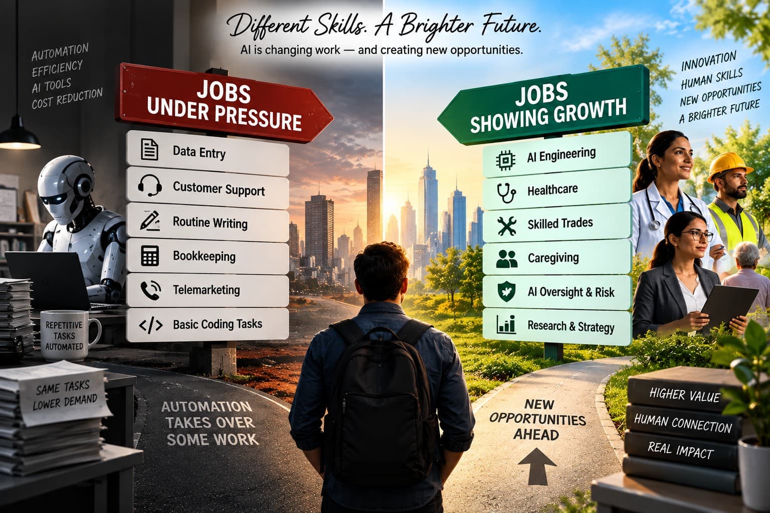 Comparison of jobs under pressure from AI and job areas showing growth